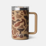 Mug that is brown camo and has stainless steel on the rim as well as for the Yeti logo on the bottom of the cup.