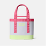 A light purple tote bag with pink and pale green accents and a Yeti logo in the same pale green color. 