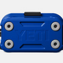 Bottom view of a Yeti hard cooler showing a huge Yeti logo on the bottom with grey rubber feet.
