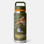 An olive green bottle with different kinds of birds all over it and has orange accents on the cap.