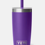 Purple cup with a Purple straw and the Yeti logo on the front at the bottom.