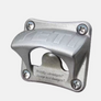 Silver wall mounted bottle opener that has the Yeti logo on it against a white background.