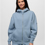 Person wearing a light blue full zip sweatshirt with the same colored sweatpants against a grey background.