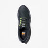 Top view of a black shoe with green accents, that has Timberland PRO logo on the insole of the shoe against a white background.