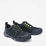 Side view of a pair of shoes that are black and green with a brand logo on the side of the front of the shoe against a white background