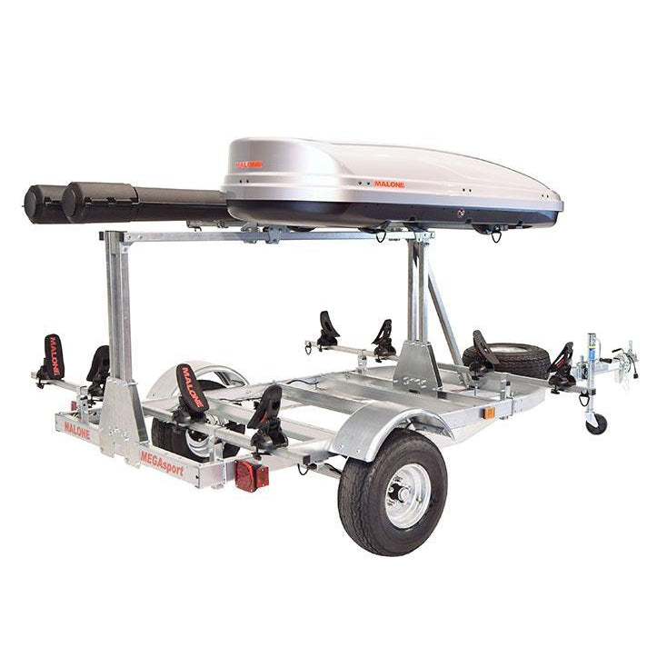 Malone MegaSport™ LowBed™ Kayak Trailer w/Tier, Spare, 2 sets SaddleUp™, Cargo Box, 2 Rod Tubes-Malone-Wind Rose North Ltd. Outfitters