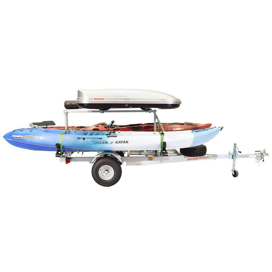 Malone MegaSport™ LowBed™ Kayak Trailer w/Tier, Spare, 2 sets SaddleUp™, Cargo Box, 2 Rod Tubes-Malone-Wind Rose North Ltd. Outfitters